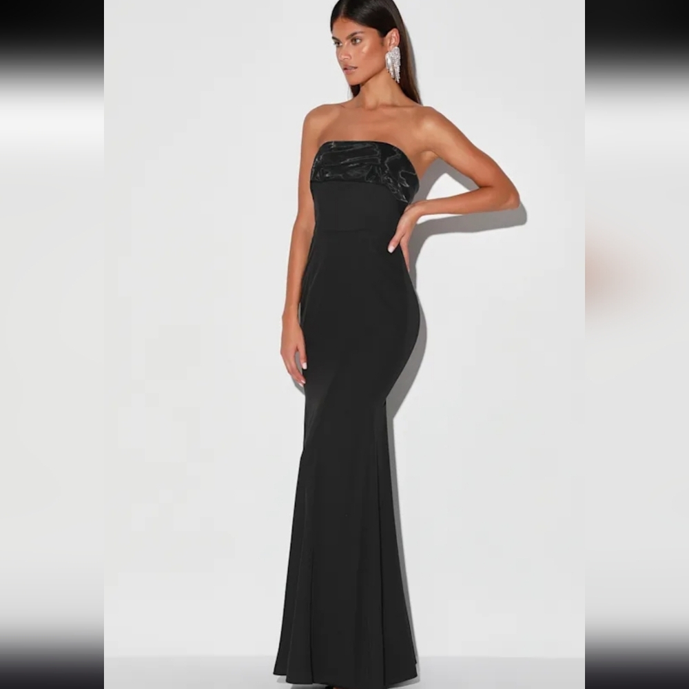 NWT Lulus Brilliantly Bold Black Strapless Mermaid Maxi Dress Evening Gown Small